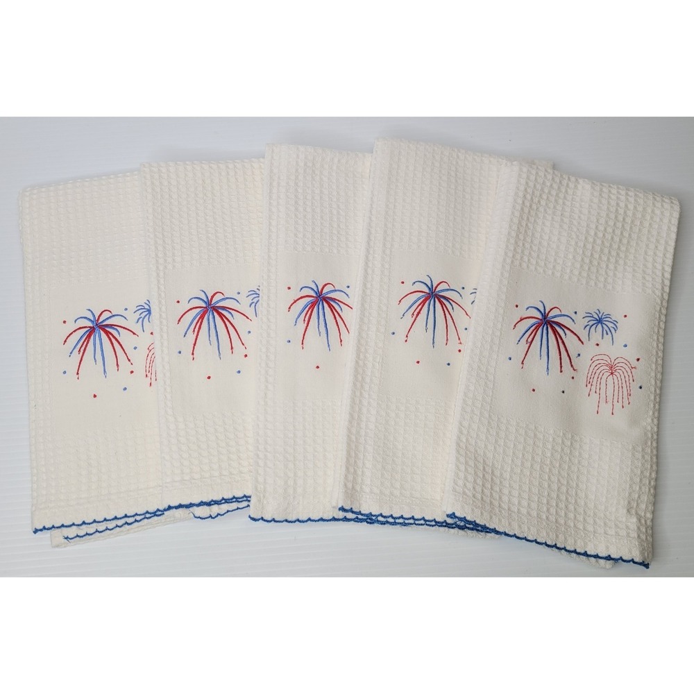 TAG Brand Dish‎ Towel Embroidered Fireworks USA Patriotic Design White NEW RARE